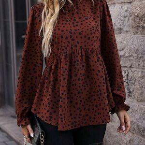 SHEIN LUNE Dalmatian Print Flounce Sleeve Peplum Blouse